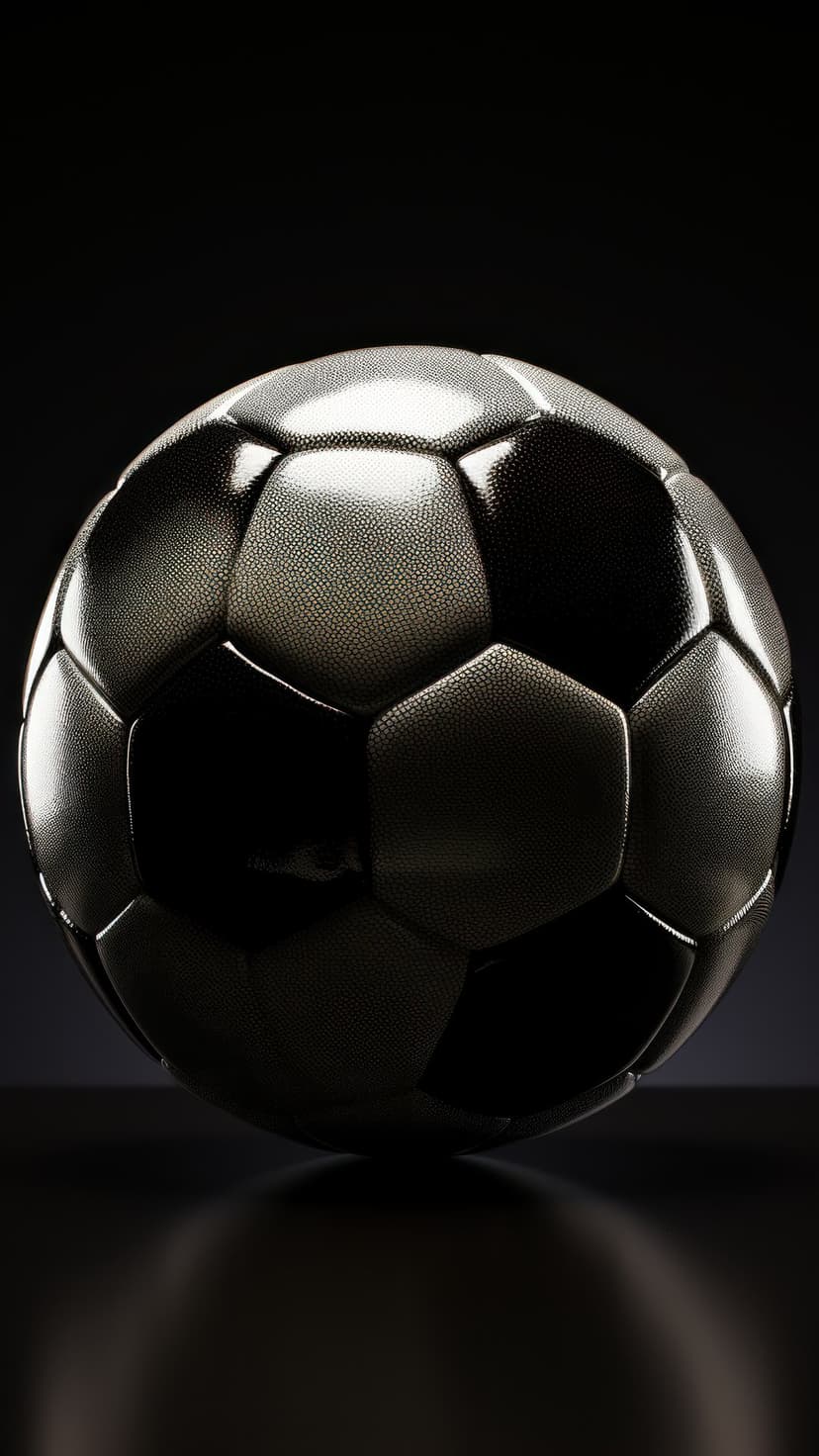 Dark soccer ball with glossy hexagonal panels and visible seams under dramatic lighting on a black background.
