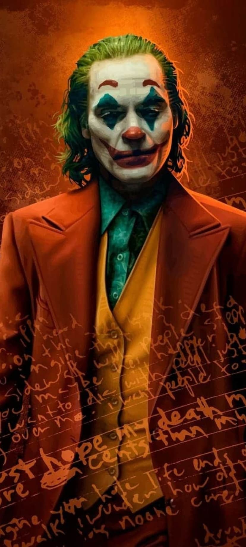 Arthur Fleck wears white clown makeup and a bright orange suit against a background of frantic handwritten notes.