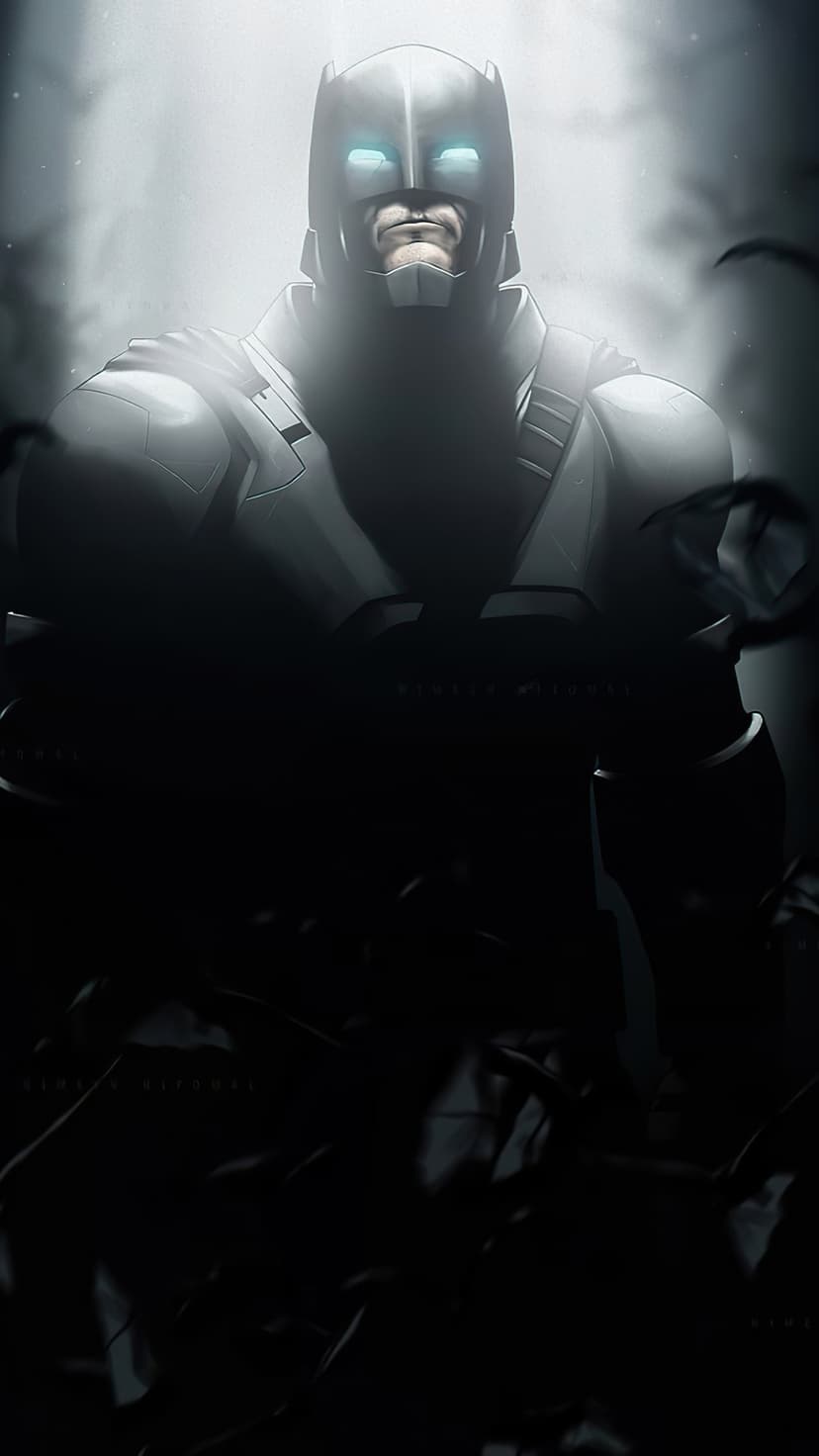 Batman wearing reinforced metal armor with glowing blue eyes emerges from dense shadows in a dark moody scene.