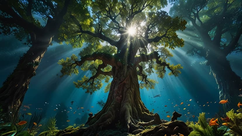 Gnarled tree roots submerged in turquoise water with sunbeams illuminating a school of small tropical fish.