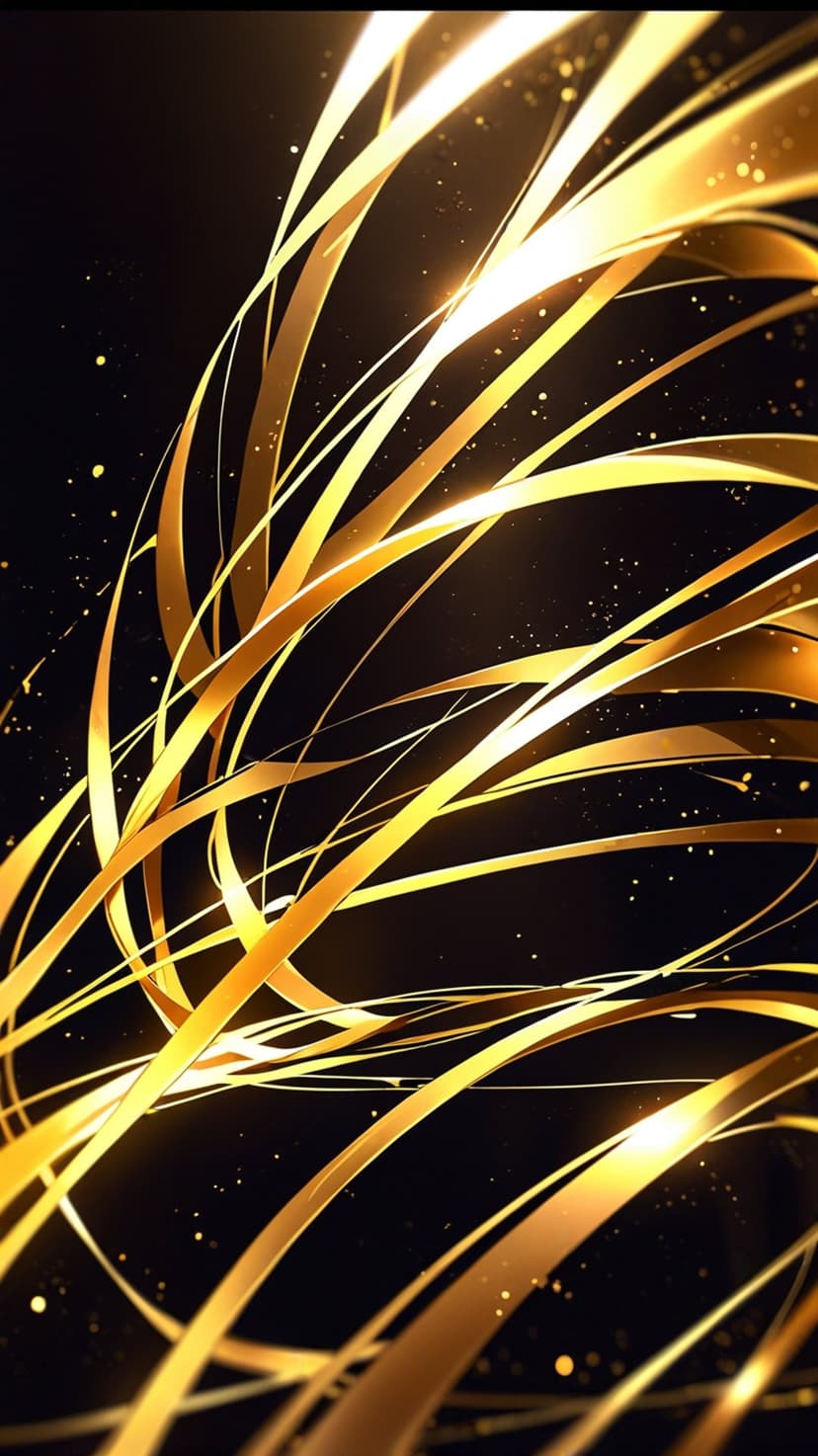 Luminous golden ribbons twist and spiral amidst fine amber sparkles across a solid pitch-black vertical backdrop.