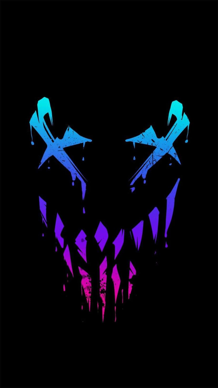 Sinister face with glowing X-shaped eyes and a jagged stitched grin rendered in dripping neon blue and pink paint.