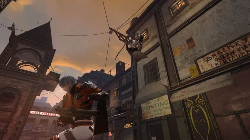 Silver-haired warrior in orange armor stands in a steampunk city street at sunset during aerial combat.