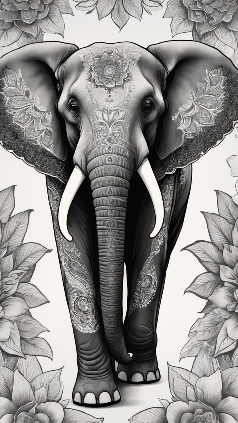 Elephant head with intricate paisley patterns and floral borders in a detailed black and white monochrome style.