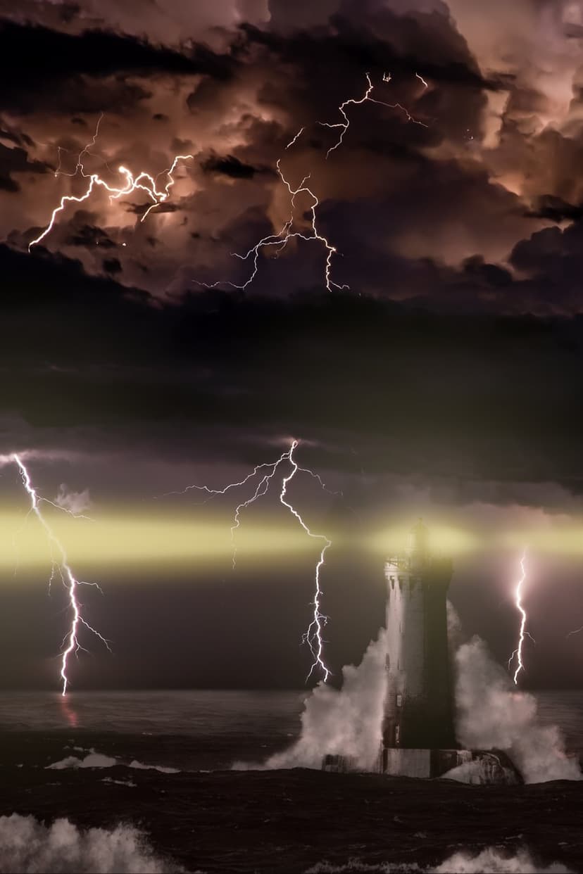 Lighthouse being struck by a bolt of lightning during a violent nighttime storm with massive crashing ocean waves.