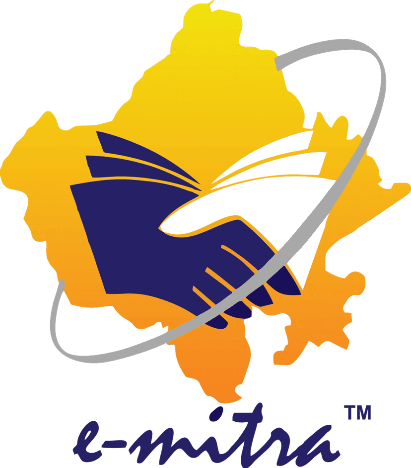 E-Mitra Rajasthan logo featuring a saffron and blue map silhouette inside a circular frame with clear typography.