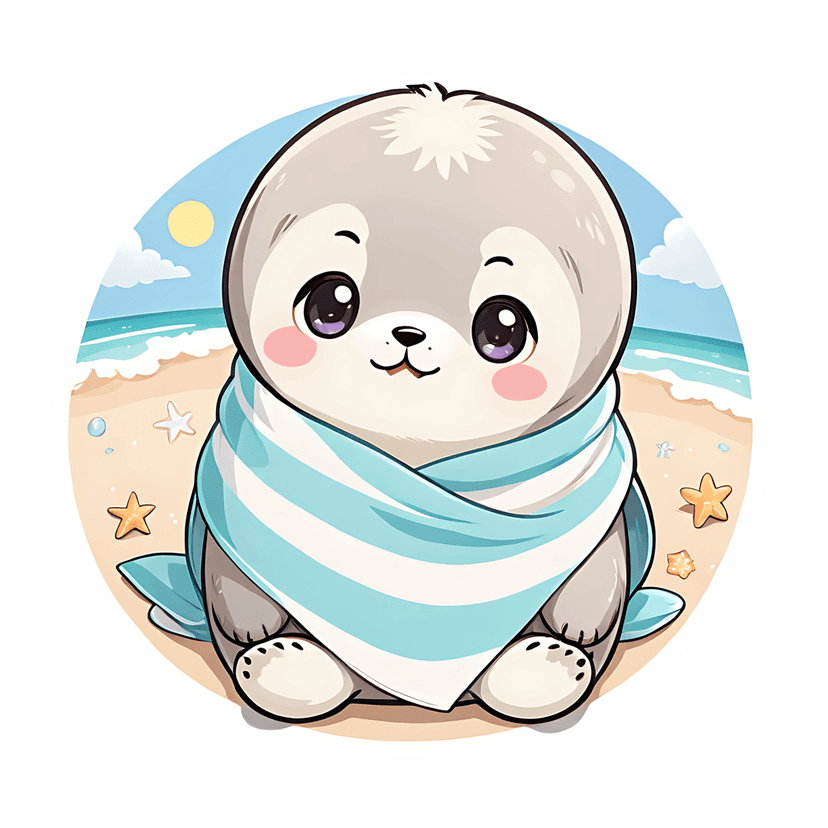 Gray seal sticker vector illustration sitting on a sandy beach wearing a blue striped towel under the sun.