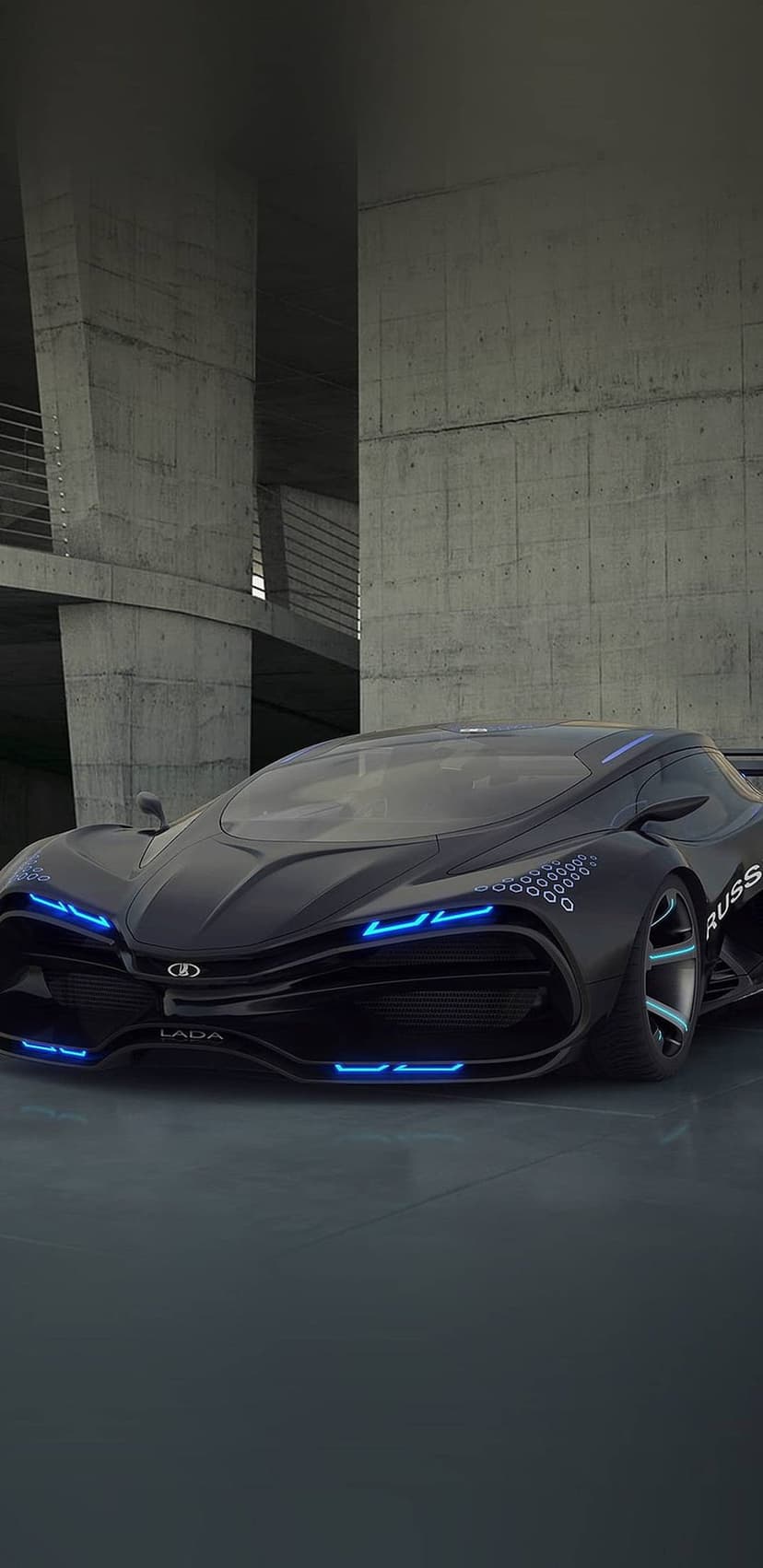 Lada concept car with blue neon light strips parked against a brutalist concrete wall in a dark, moody setting.