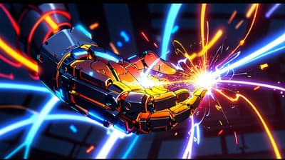 Robotic hand sparks with futuristic energy