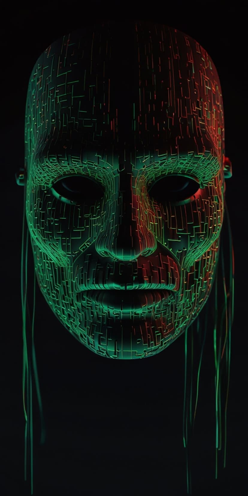 Cybernetic facial mask with a glowing red and green digital grid texture against a dark, shadowy background.