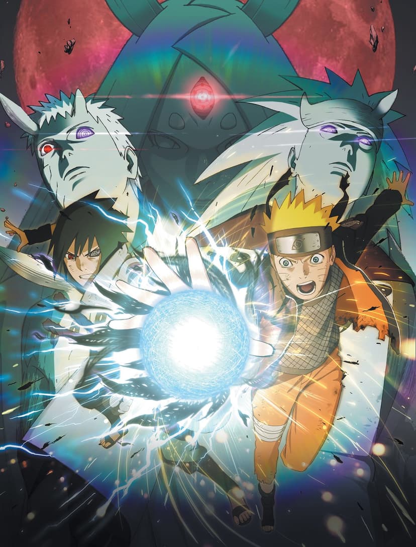 Naruto and Sasuke prepare energy attacks before Kaguya and a red moon in a vertical phone background layout.