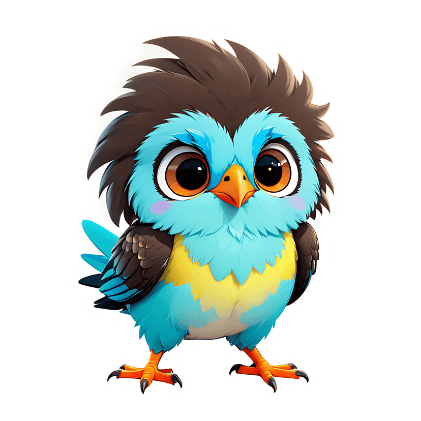 Blue bird cartoon character with fluffy feathers, yellow belly, and glossy eyes facing forward on a plain background.