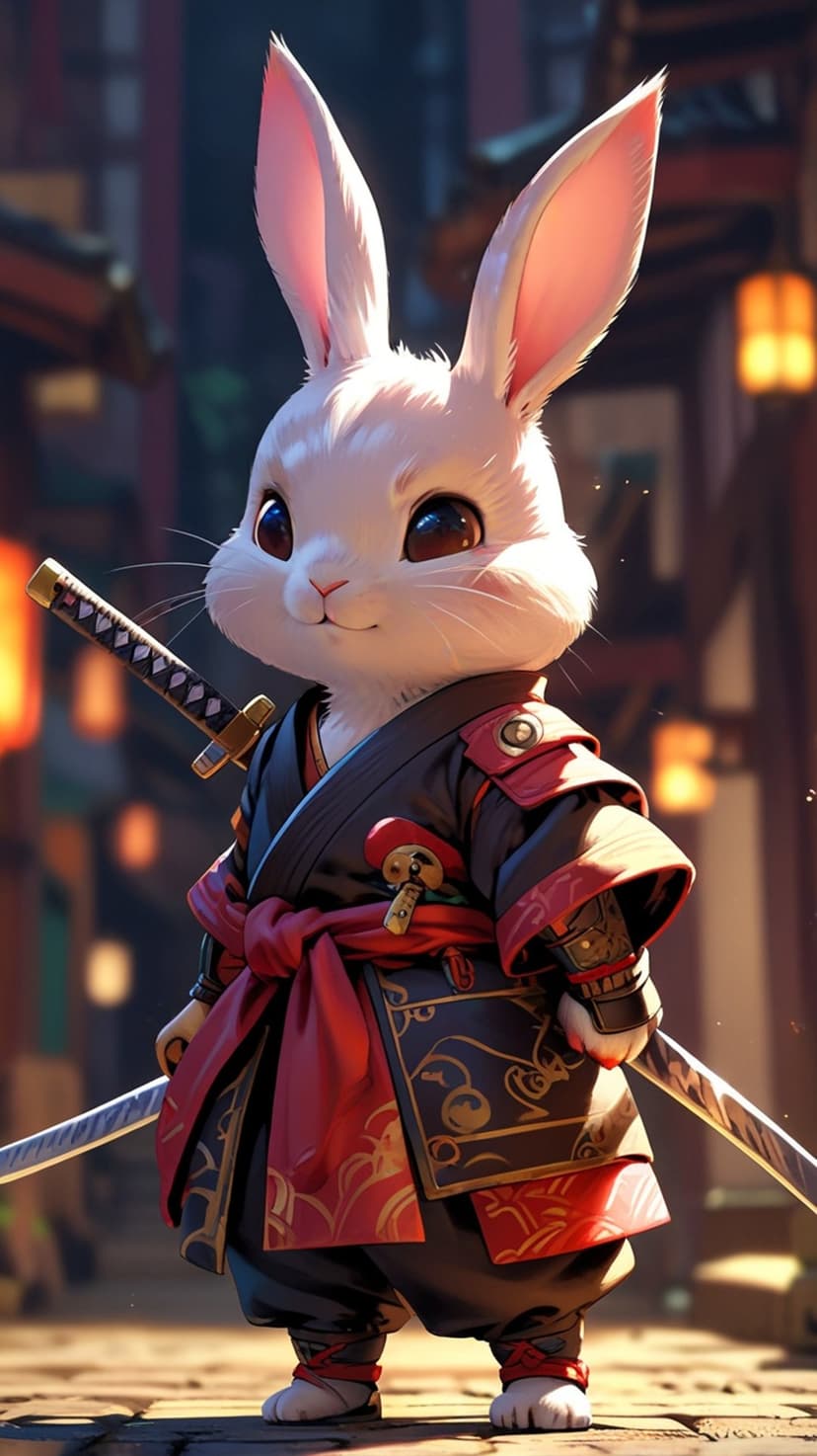 White rabbit wearing a red and black samurai kimono holding a katana sword in a moonlit Japanese village setting.
