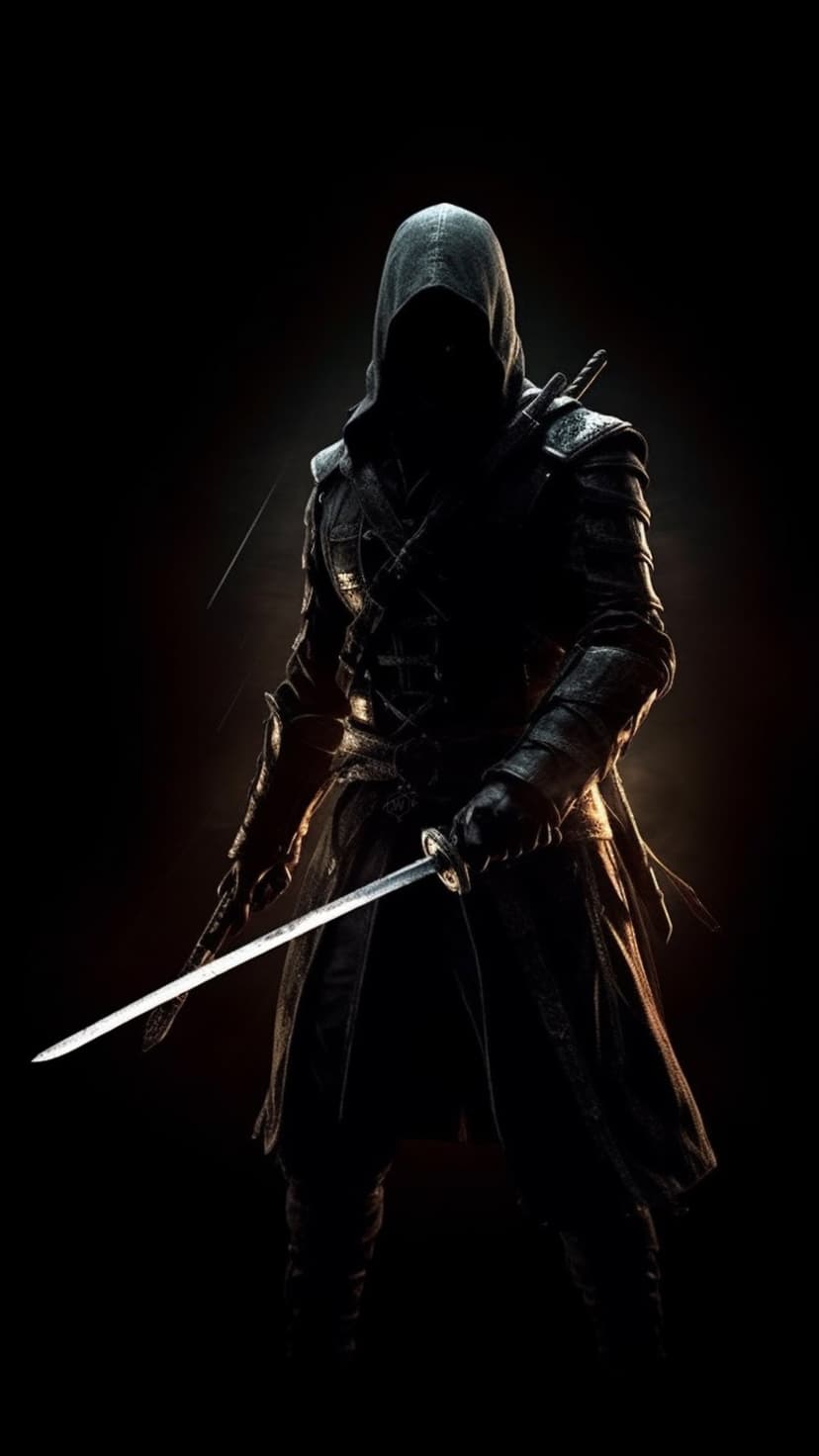 Hooded assassin in leather armor holds a gleaming sword while standing in dramatic rim lighting and shadows.