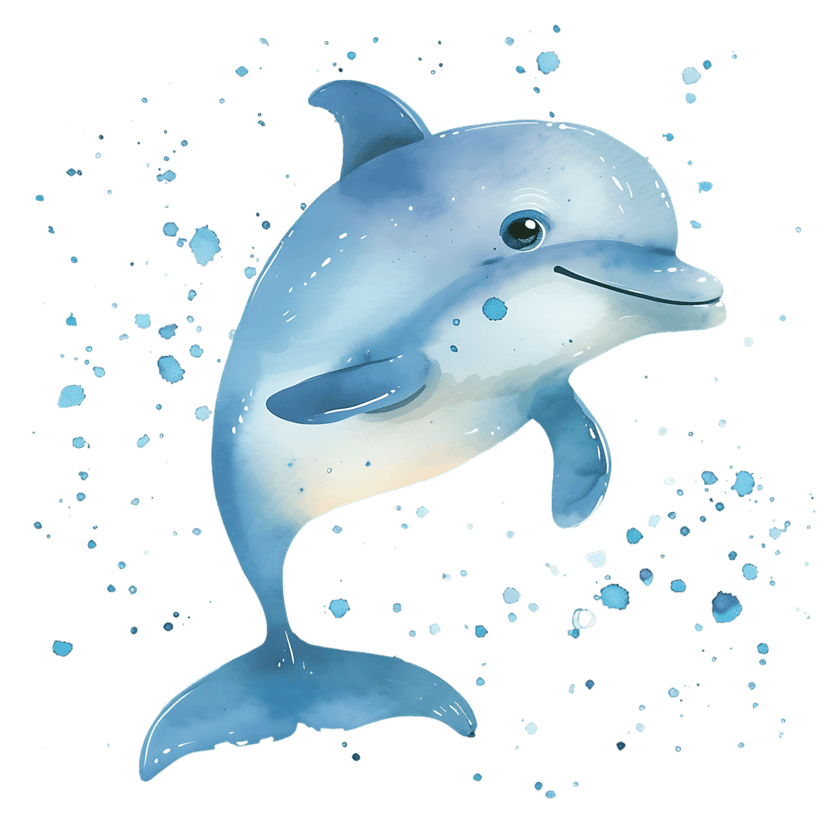 Watercolor dolphin leaping through blue water splashes with translucent droplets isolated on a black background.