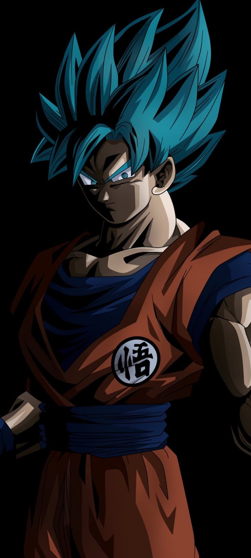 Goku in Super Saiyan Blue form stares ahead with blue eyes, wearing his orange gi and a circular chest insignia.