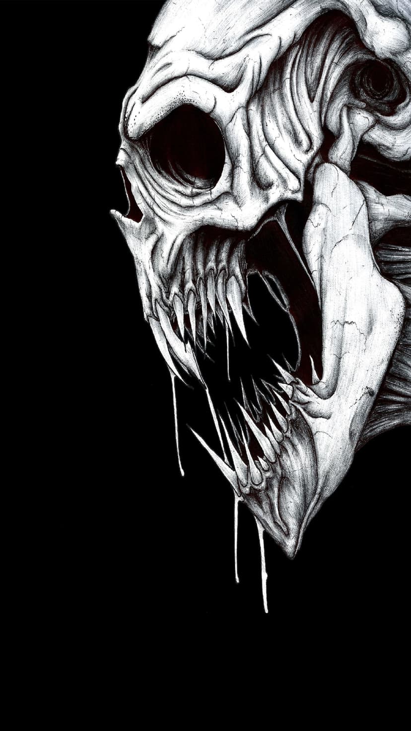 Monstrous skull with jagged dripping teeth and weathered bone surface set against a deep black background.