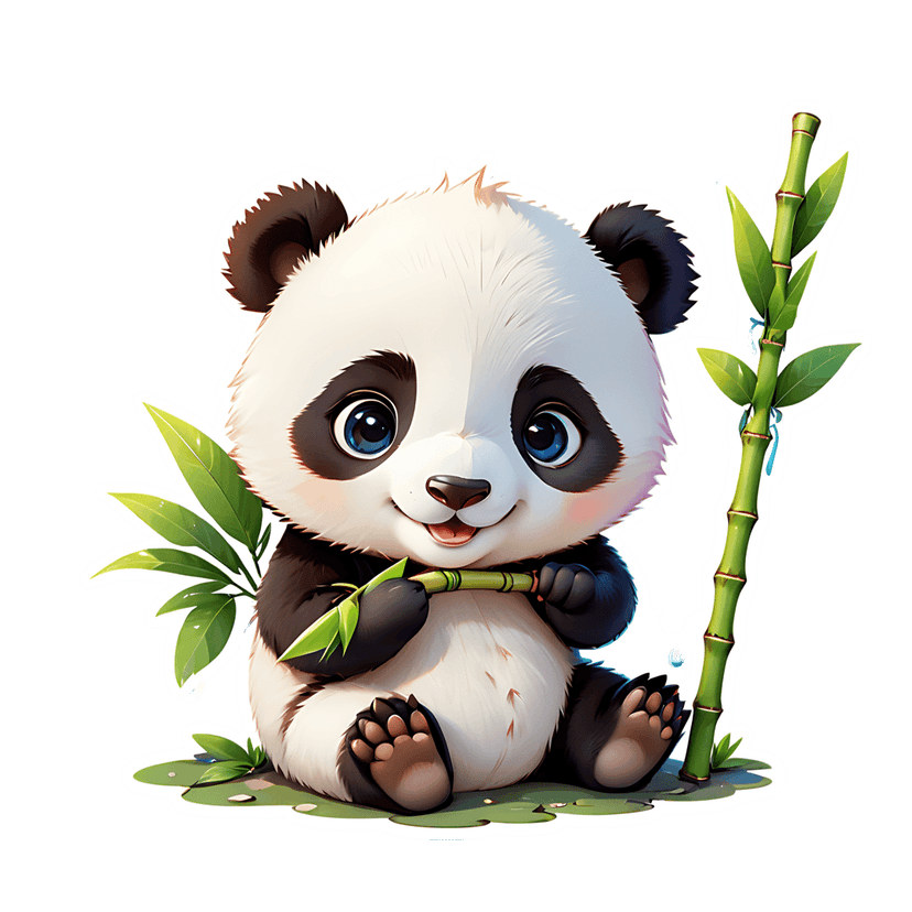 Panda sticker illustration with blue eyes and detailed fur sits on green grass holding a bamboo stalk.
