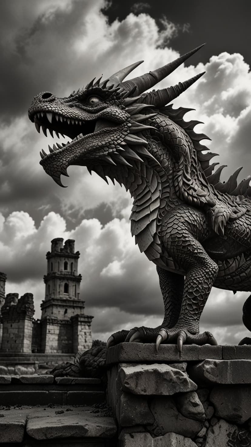 Colossal stone dragon statue with sharp horns stands before ruined castle walls under a dark, stormy sky.