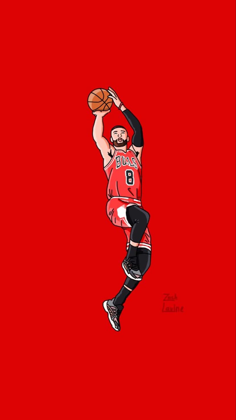 Zach LaVine wears a red Chicago Bulls jersey while shooting a basketball mid-air above his cursive signature.