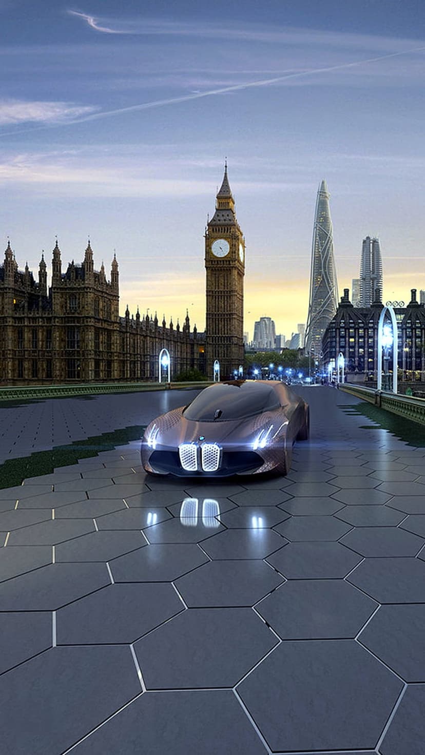 Big Ben and the Houses of Parliament stand beside glowing skyscrapers and a concept car on a hexagonal road.