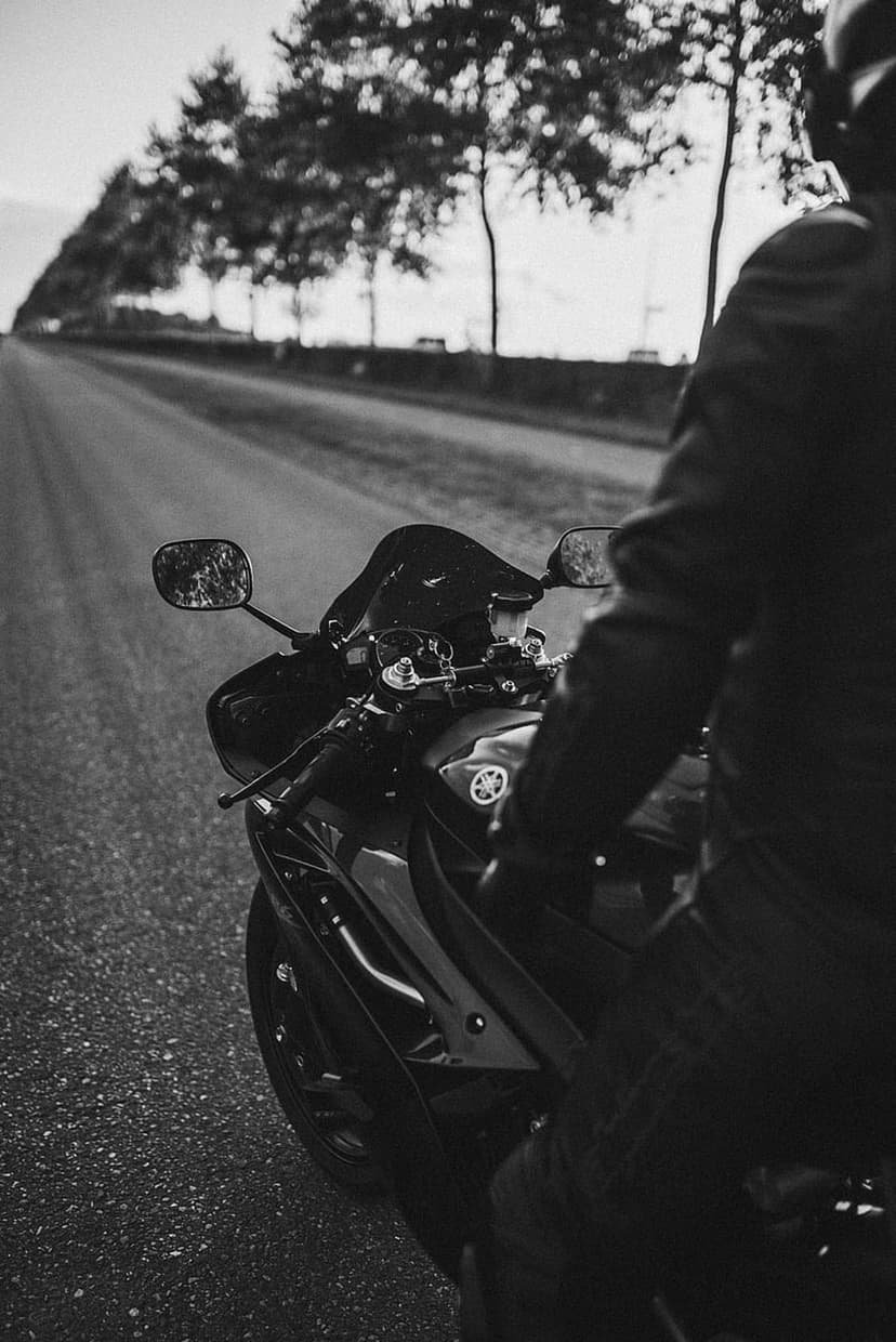 Motorcyclist on a sportbike viewed from behind while riding down a straight road flanked by dense forest trees.