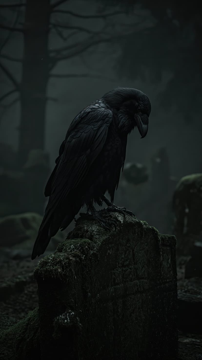 Black raven perched on a moss-covered gravestone surrounded by thick fog and ancient trees in a dark cemetery.