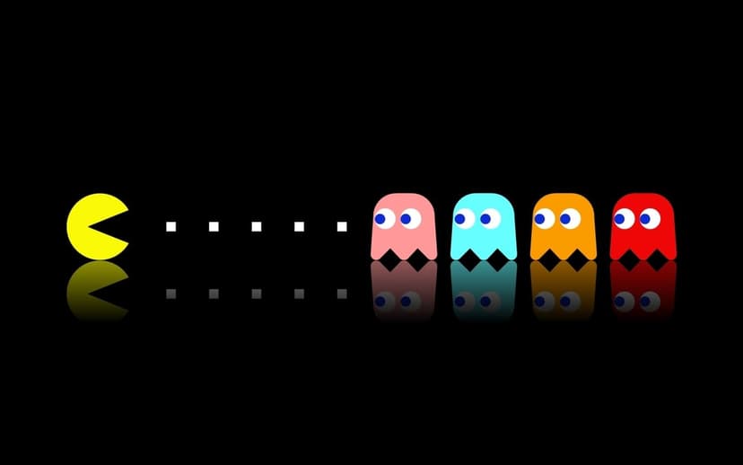 Pac-Man chasing white pellets towards four colorful ghosts on a black background with mirrored reflections.