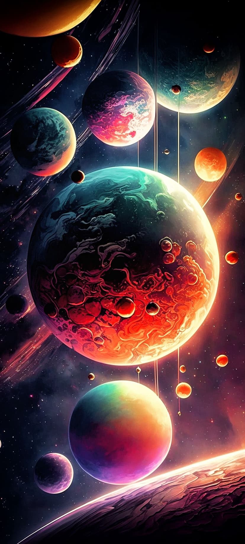 Colorful textured planets orbit within a glowing pink and blue nebula filled with scattered stardust and light.