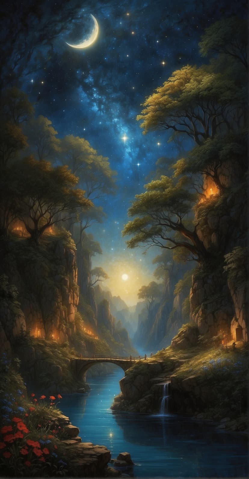 Arched stone bridge over a river in a canyon lit by lanterns and a crescent moon under a starry night sky.