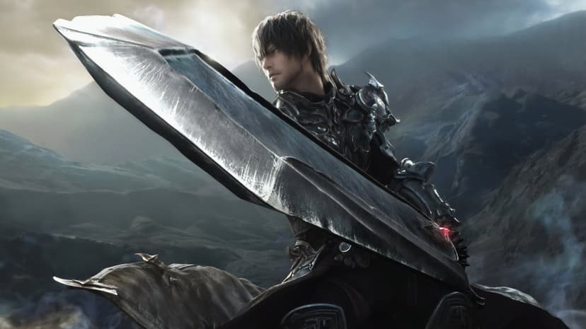 Armored warrior holding a massive textured greatsword against a backdrop of rugged misty mountains and overcast sky.