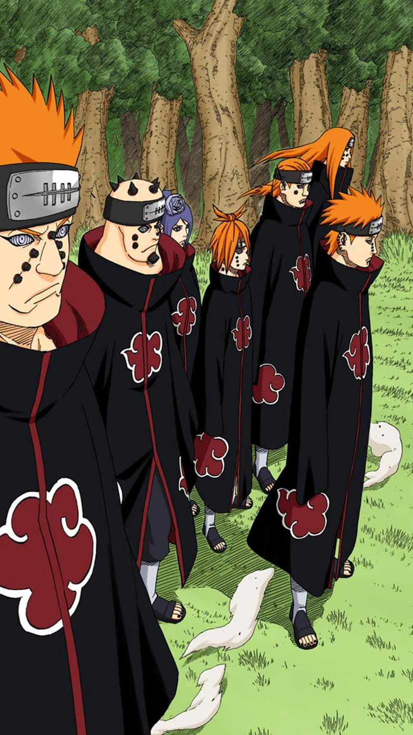 Pain and Akatsuki members in red-cloud cloaks stand together in a dense forest under soft light.