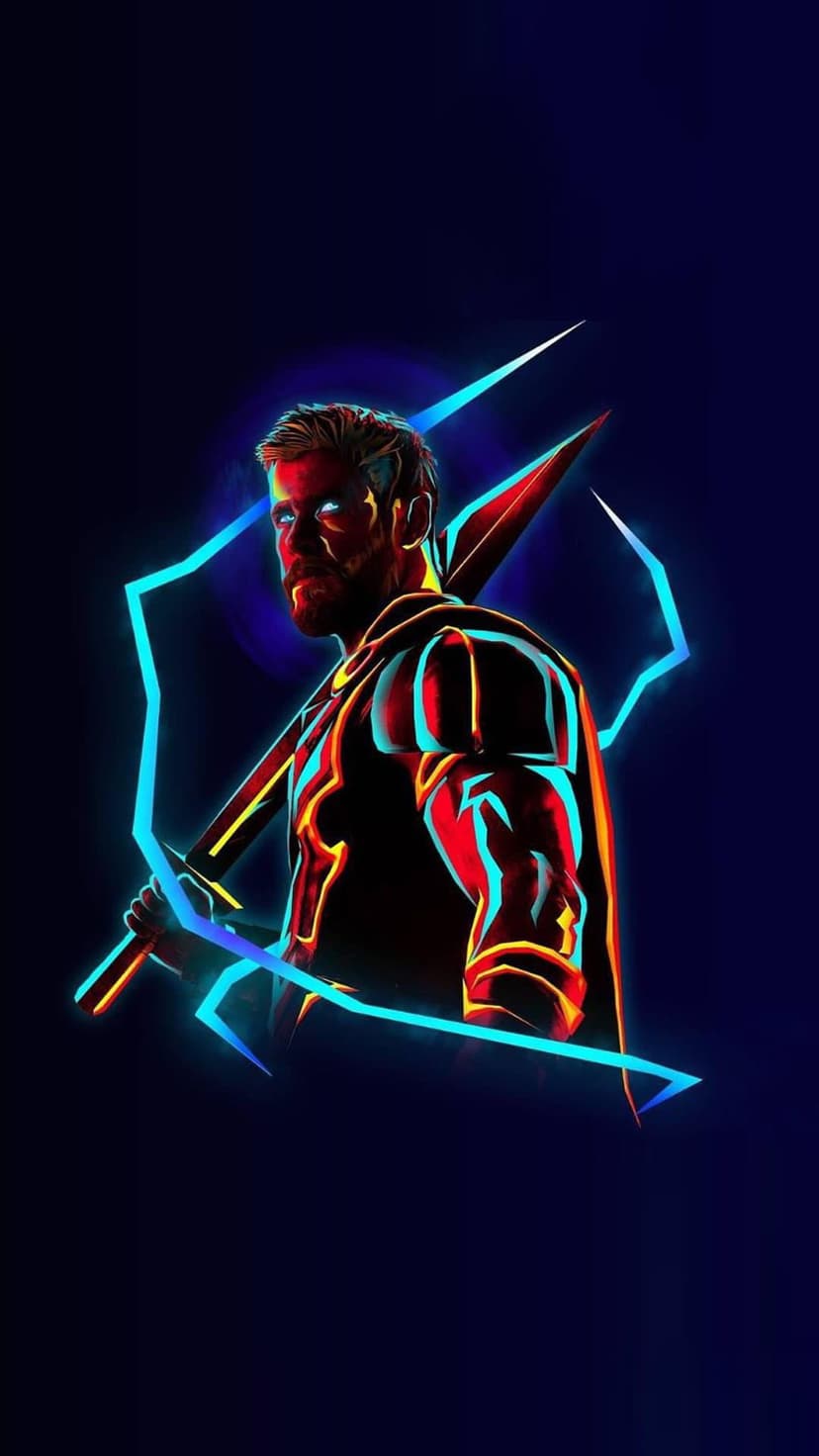 Thor grips a glowing hammer while surrounded by electric blue neon lightning bolts against a dark cosmic void.