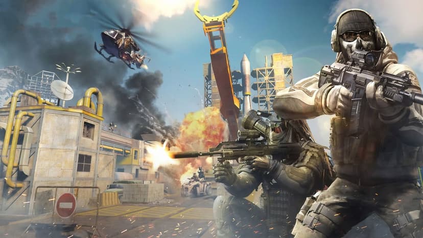 Soldiers in tactical gear engage in a firefight at a launch facility with explosions and a helicopter.