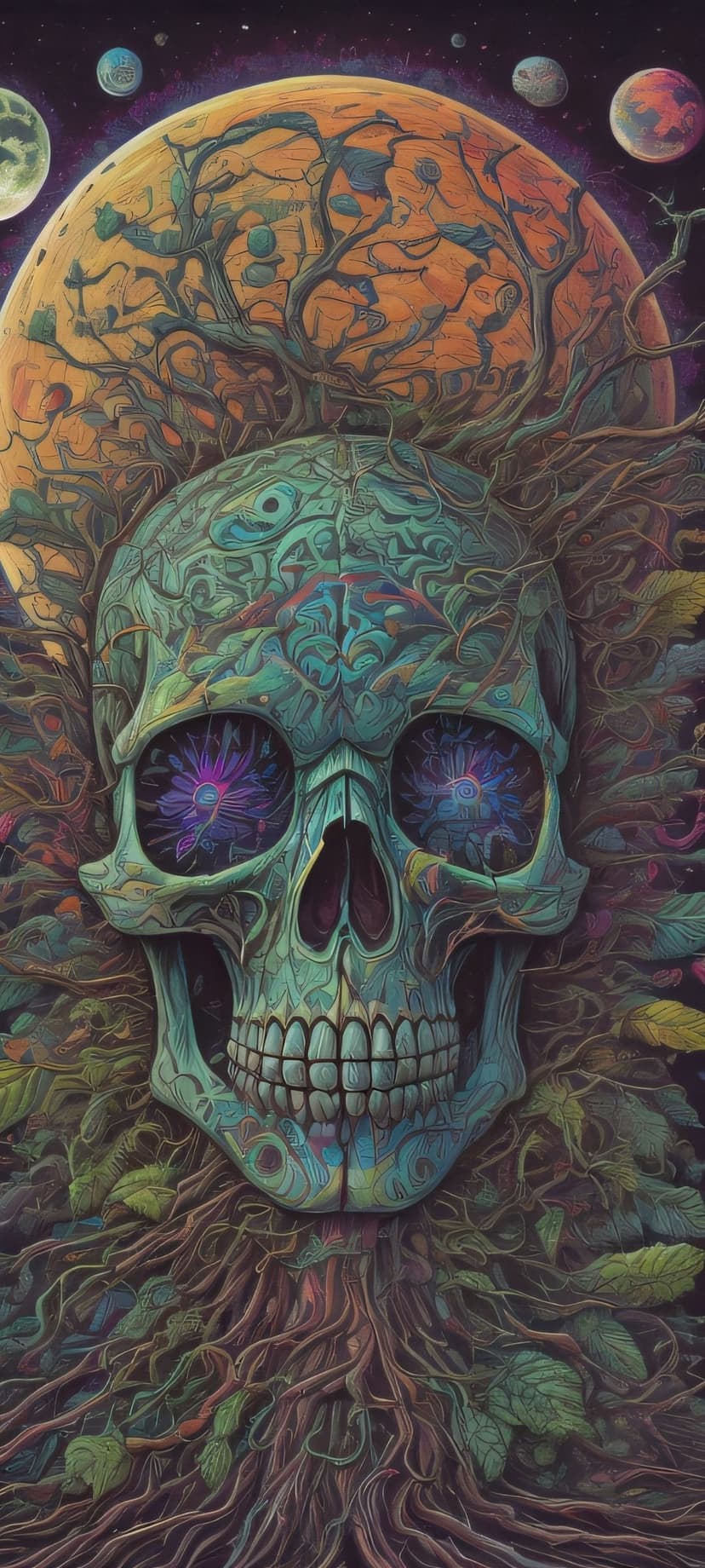 Teal skull with mandala eyes and gnarled tree roots set against a starry cosmic sky with celestial nebulas.