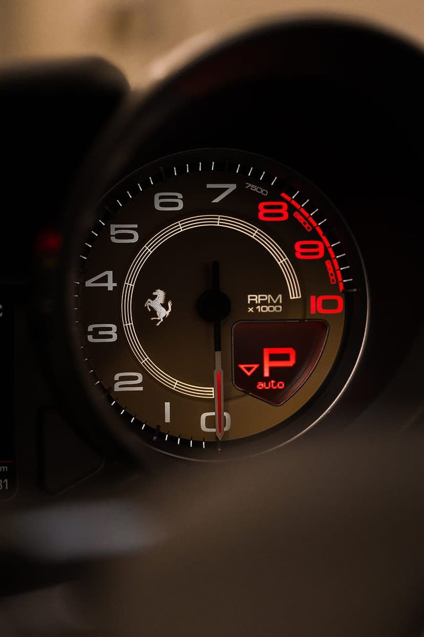 Ferrari tachometer with glowing red numbers, a prancing horse logo, and P Auto display in a dark car interior.