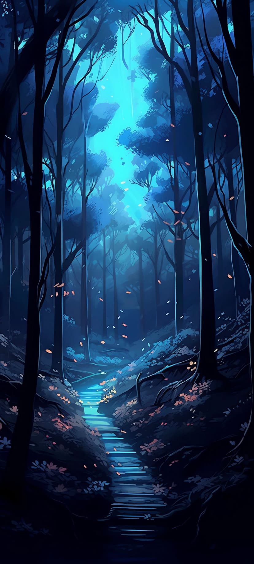 Luminous blue pathway winding through dark trees with scattered pink leaves and green moss on the ground.