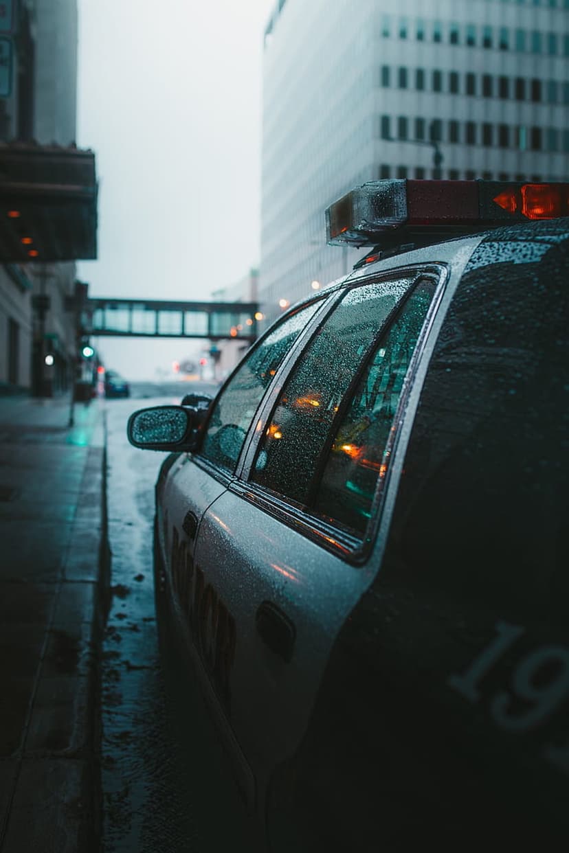 Police car with red flashing lights sits on a wet city road during a rainstorm with raindrops on the windshield.
