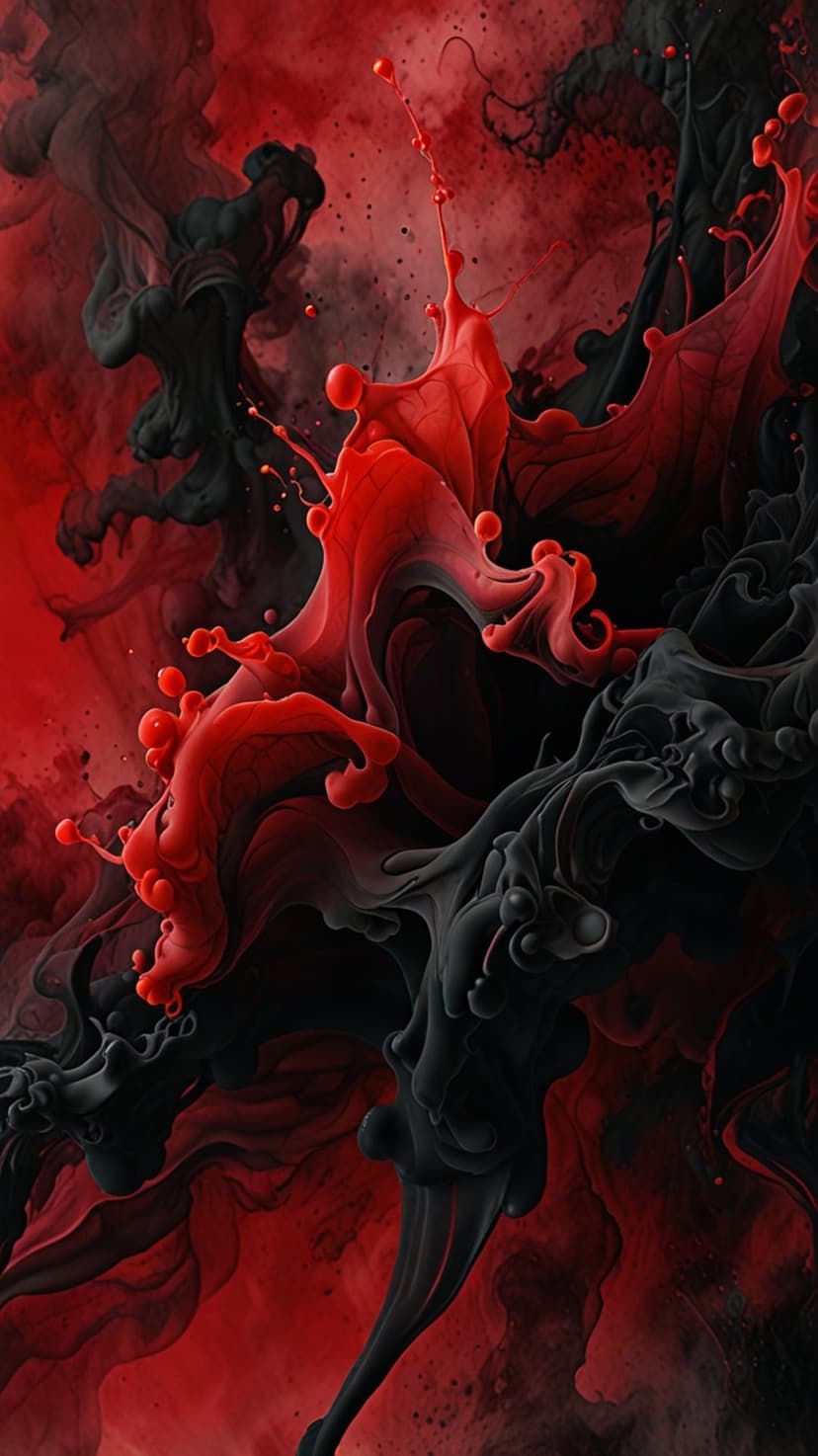 Saturated red ink plumes intertwine with viscous black liquid in a high-contrast swirling abstract pattern.