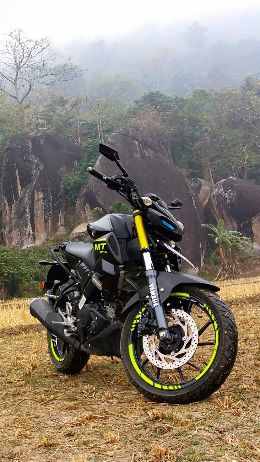 Yamaha MT-15 motorcycle with neon yellow accents parked in a misty field against massive rocks and foggy trees.