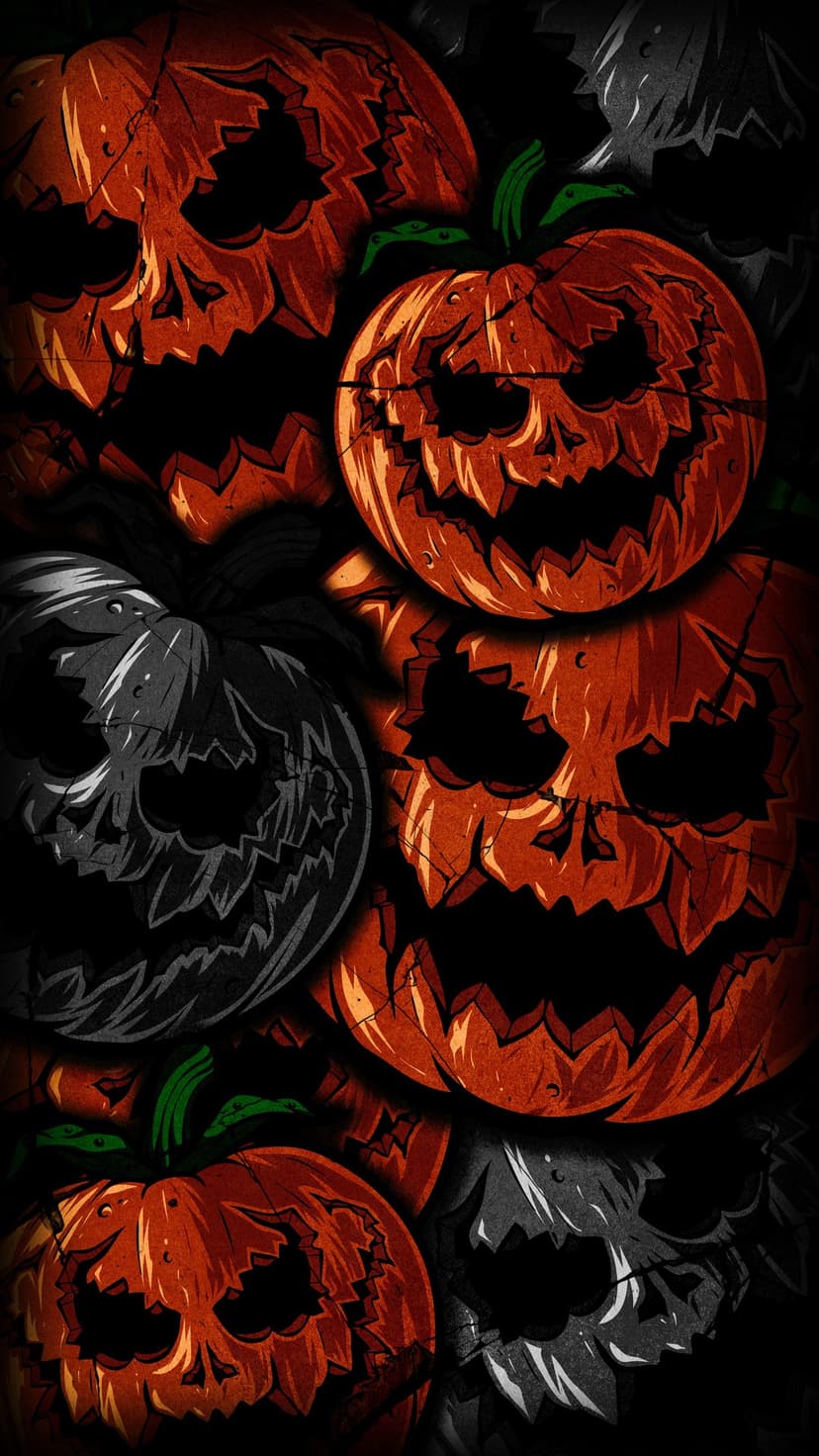 Carved pumpkins with jagged teeth and hollow eyes stack together showing cracked orange rinds and gray shadows.