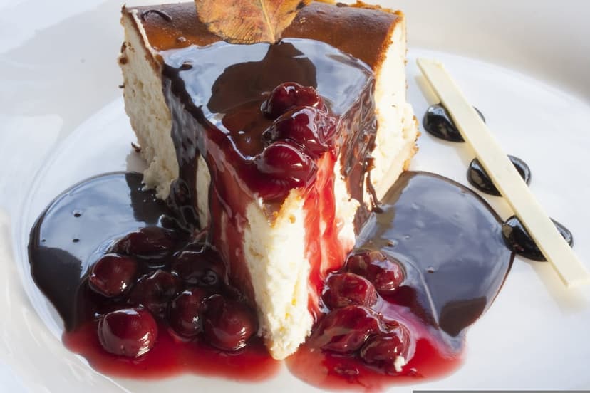Cheesecake slice with red cherry compote, chocolate ganache, a dried leaf garnish, and a thin wooden skewer.