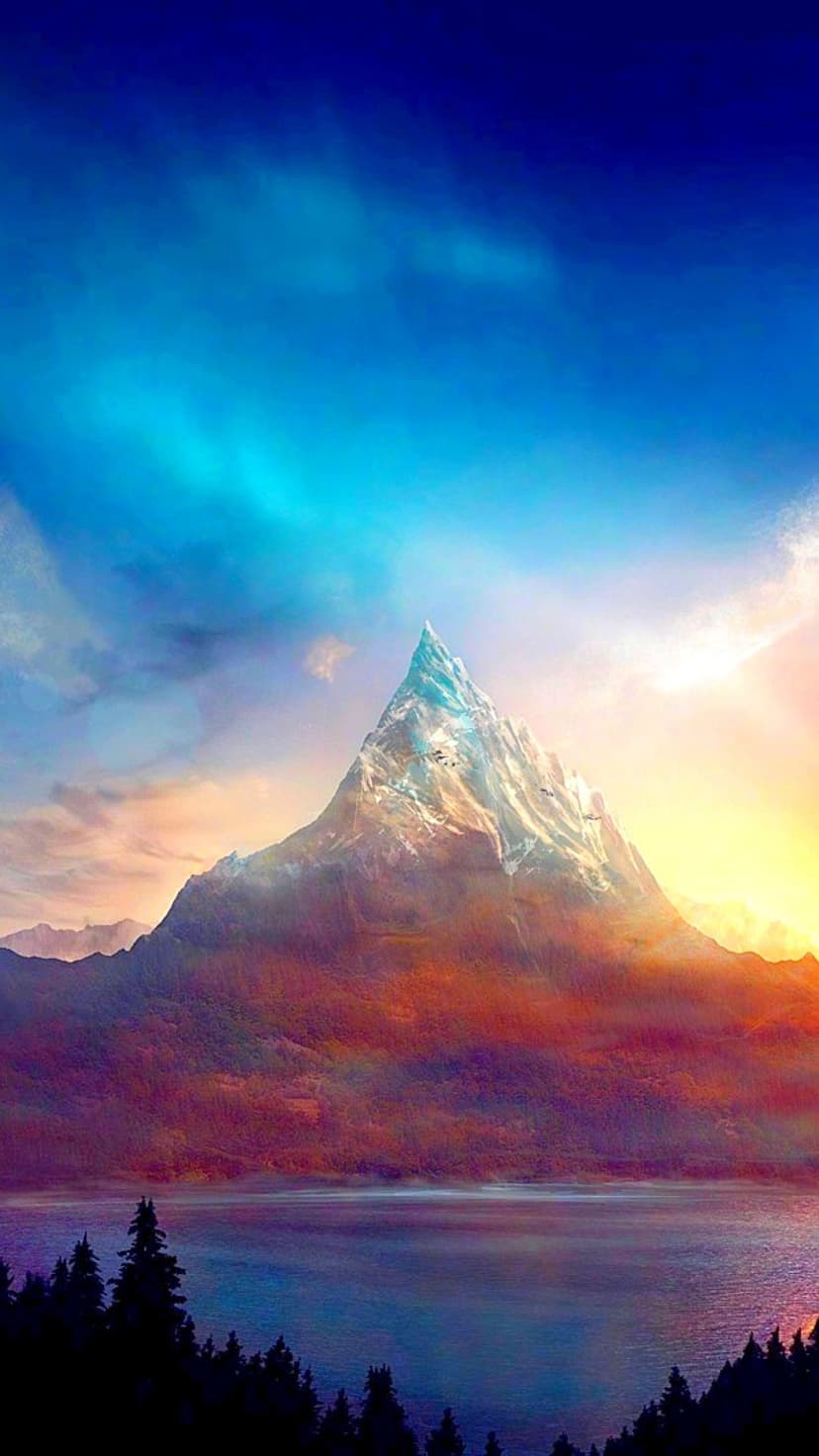 Snow-capped mountain with rainbow slopes reflects in a lake under a vibrant orange and blue twilight sky.