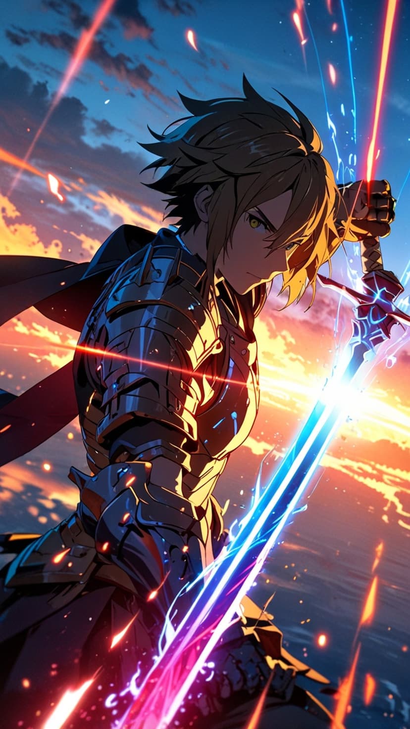 Armored knight holding a glowing blue sword aloft against a backdrop of fiery orange and dark blue sunset clouds.