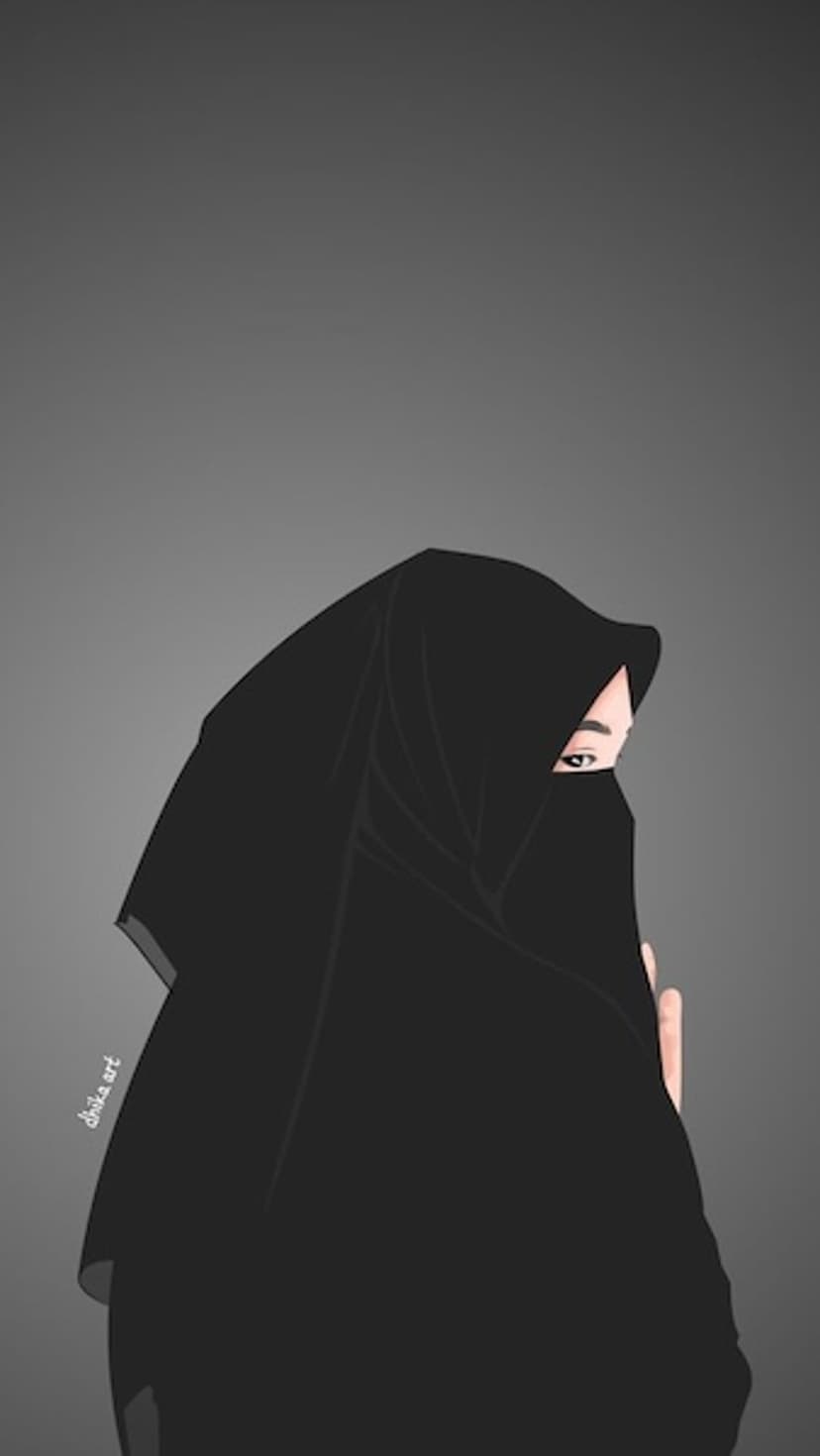 Muslim woman wearing a black niqab with visible eyes against a solid gray background with minimalist styling.