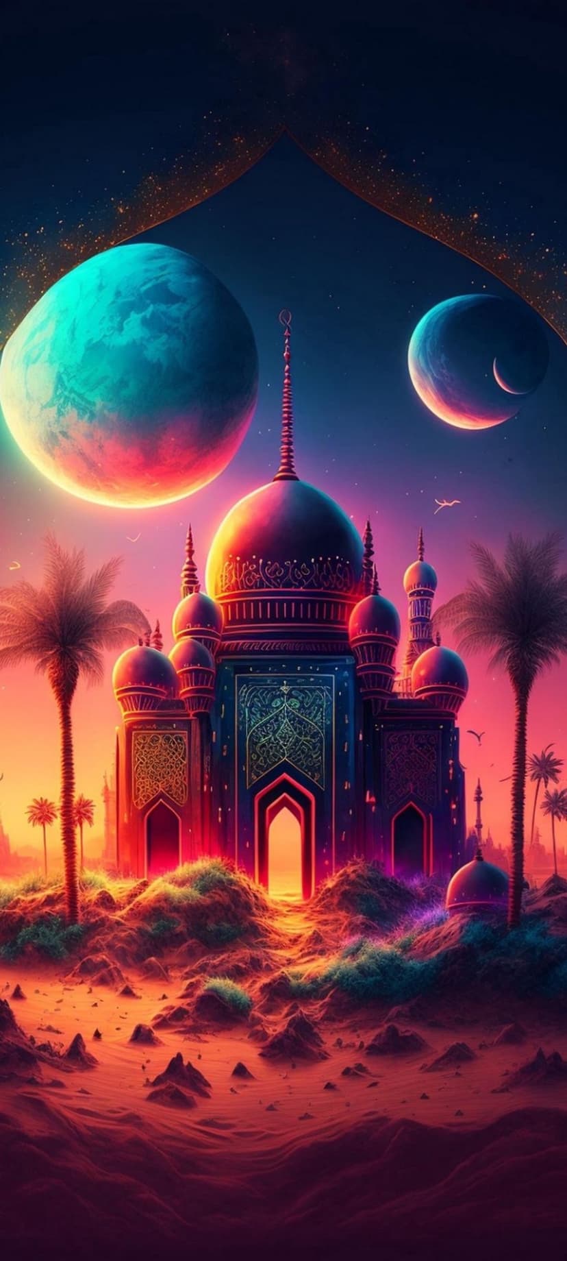 Ornate mosque with golden domes under two large planets, glowing palms, and a starry celestial archway.