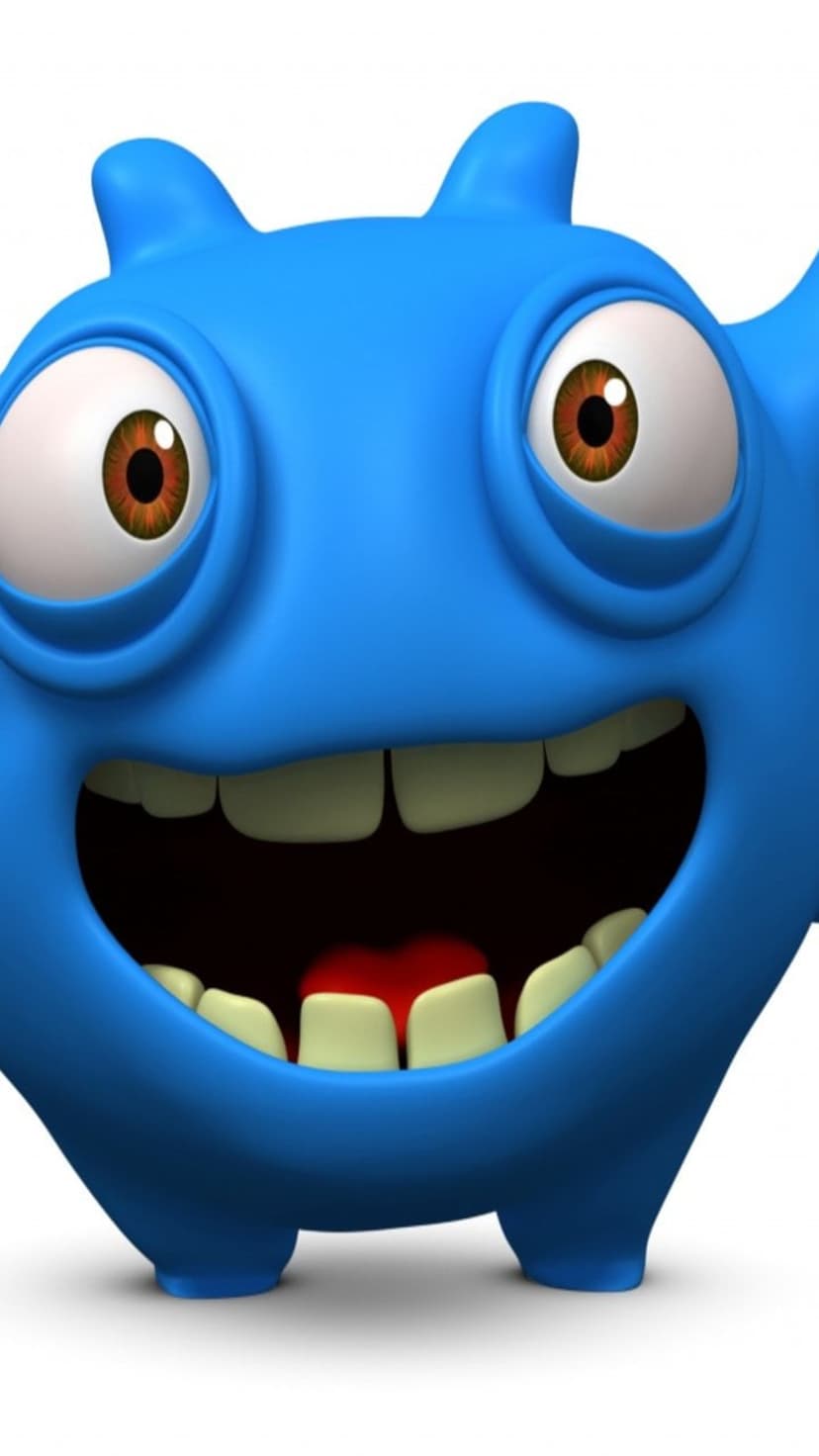 Blue monster with large white eyes and a wide toothy grin stands centered against a solid white background.