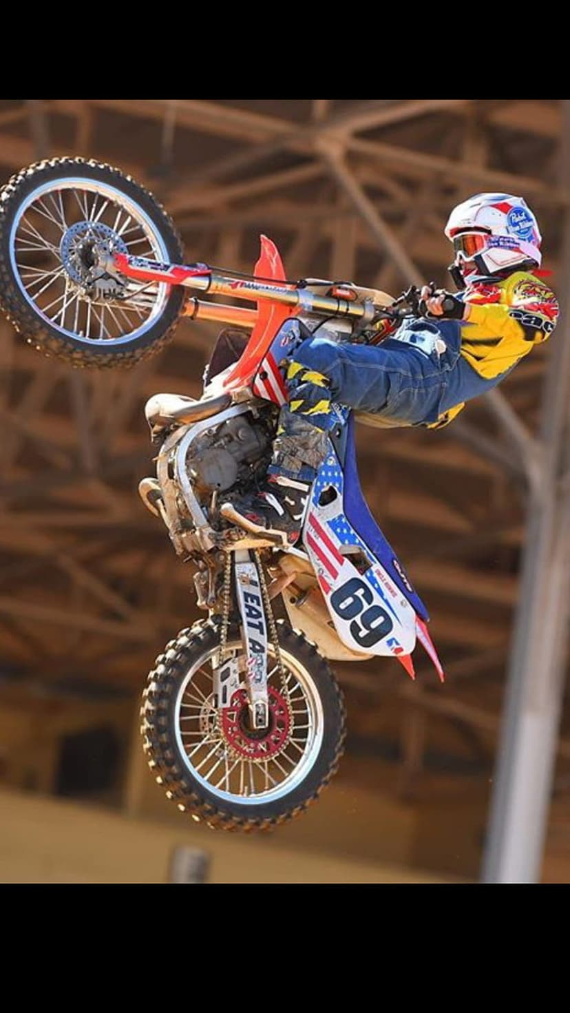 Motocross athlete in mid-air on a patriotic dirt bike with the number 69 during a daytime freestyle event.