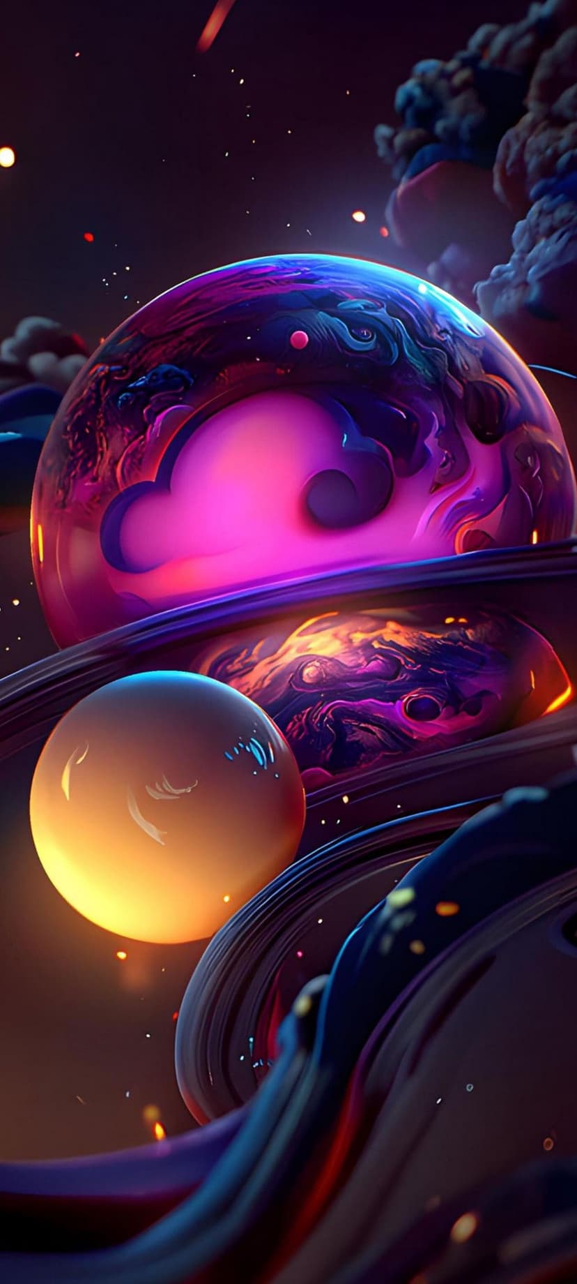 Magenta nebulae swirl around a large ringed planet next to a smaller orange moon in a dark star-filled sky.