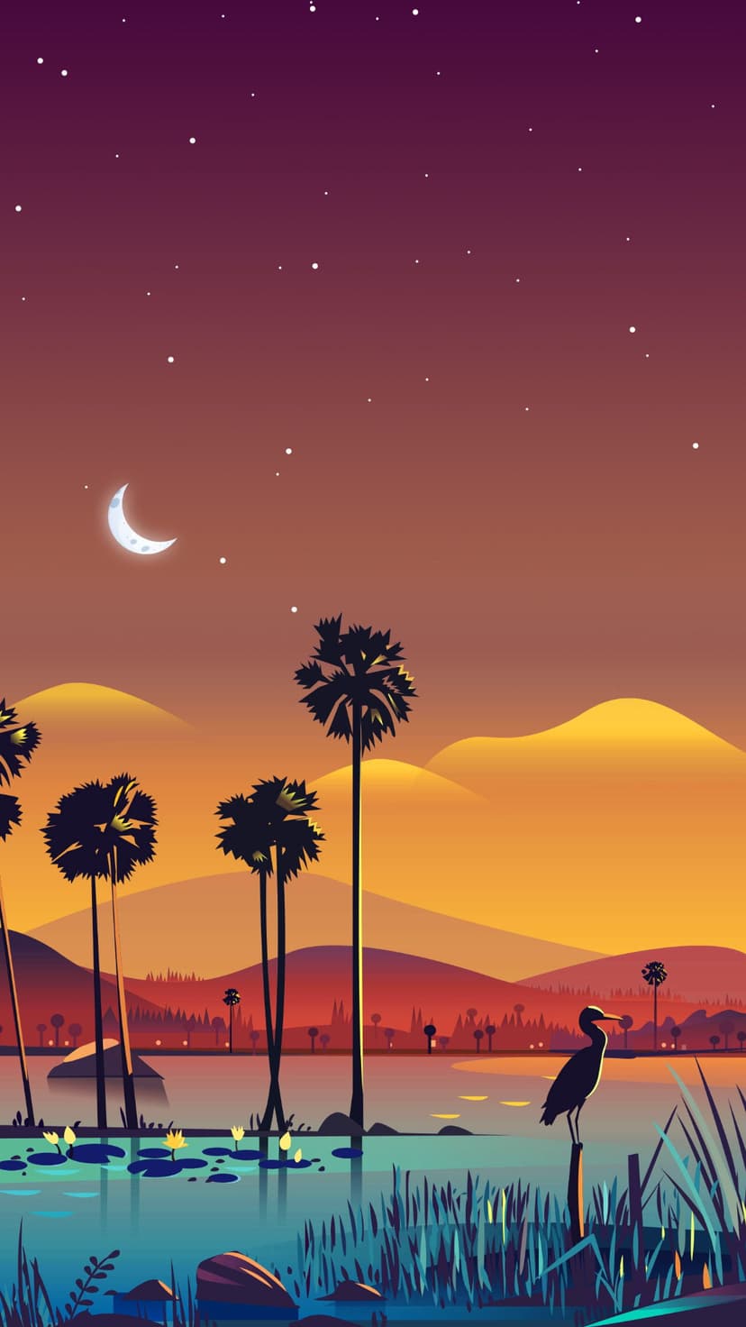 Silhouetted palm trees stand before a crescent moon and rolling hills reflected in calm dark water at night.